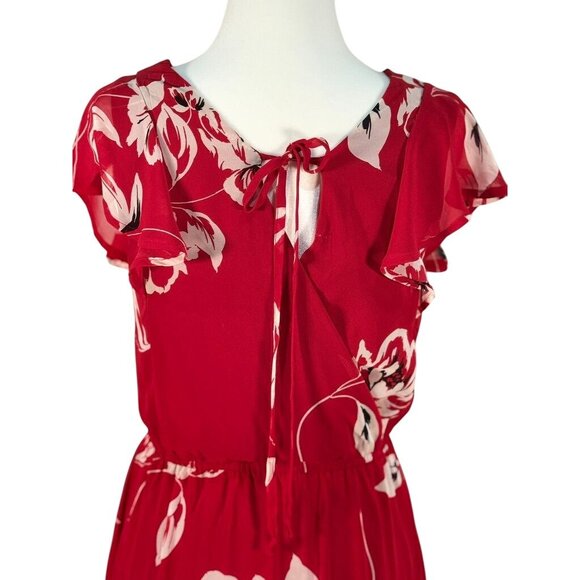 MauricesX-Small Womens Floral Wrap Dress Red White Ruffle Sleeve Maxi Sheer Over - Picture 3 of 10